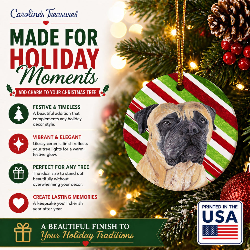 Mastiff Candy Cane Holiday Christmas Ceramic Ornament Christmas Tree Hanging Decorations for Home Christmas Holiday, Party, Gift, 3 in, Multicolor