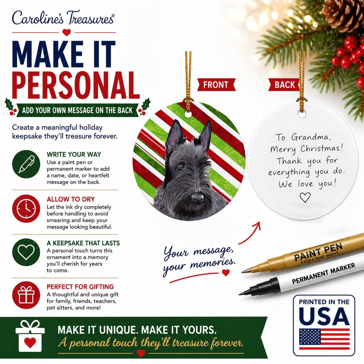 Scottish Terrier Candy Cane Holiday Christmas Ceramic Ornament Christmas Tree Hanging Decorations for Home Christmas Holiday, Party, Gift, 3 in, Multicolor