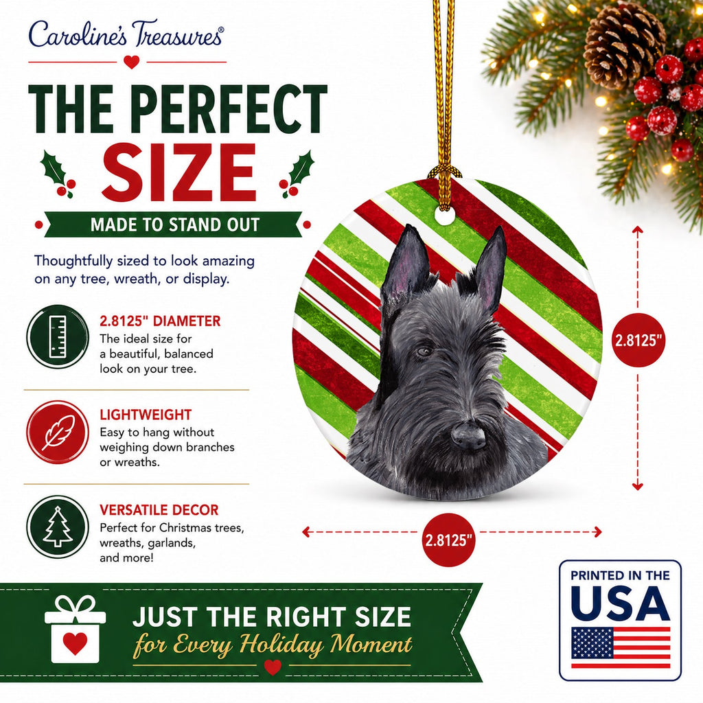 Scottish Terrier Candy Cane Holiday Christmas Ceramic Ornament Christmas Tree Hanging Decorations for Home Christmas Holiday, Party, Gift, 3 in, Multicolor