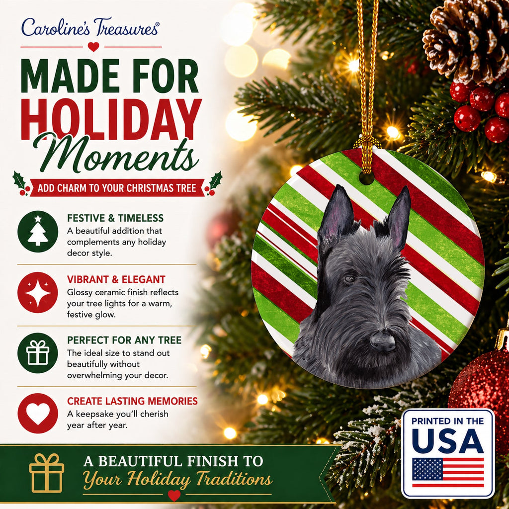 Scottish Terrier Candy Cane Holiday Christmas Ceramic Ornament Christmas Tree Hanging Decorations for Home Christmas Holiday, Party, Gift, 3 in, Multicolor