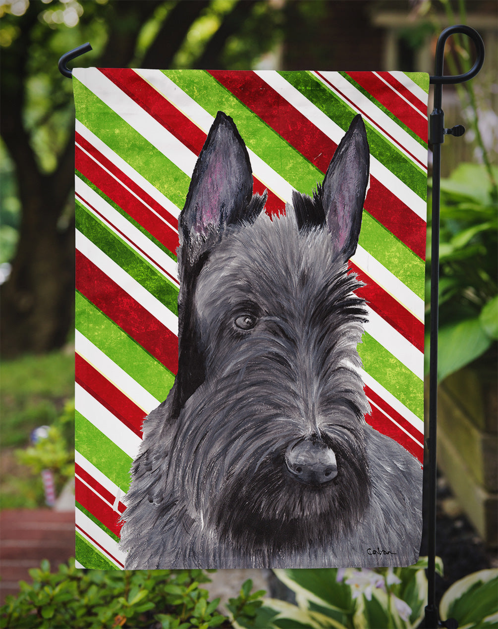 Scottish Terrier Candy Cane Holiday Christmas Garden Flag Mailbox Decorative Yard Banner Outside Patio Artwork for Flower Beds, Garden Size, Multicolor