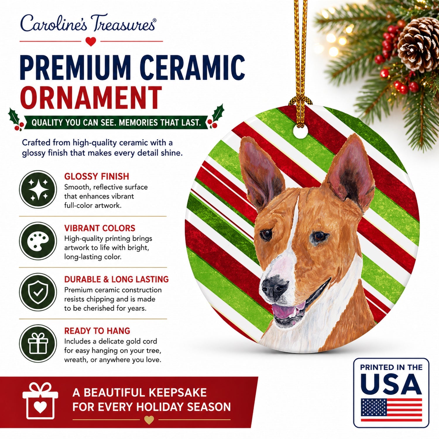 Basenji Candy Cane Holiday Christmas Ceramic Ornament Christmas Tree Hanging Decorations for Home Christmas Holiday, Party, Gift, 3 in, Multicolor