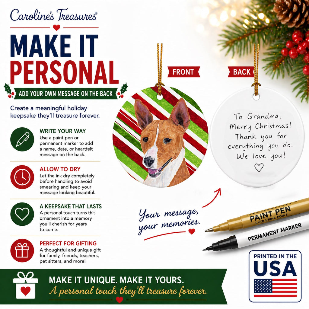 Basenji Candy Cane Holiday Christmas Ceramic Ornament Christmas Tree Hanging Decorations for Home Christmas Holiday, Party, Gift, 3 in, Multicolor