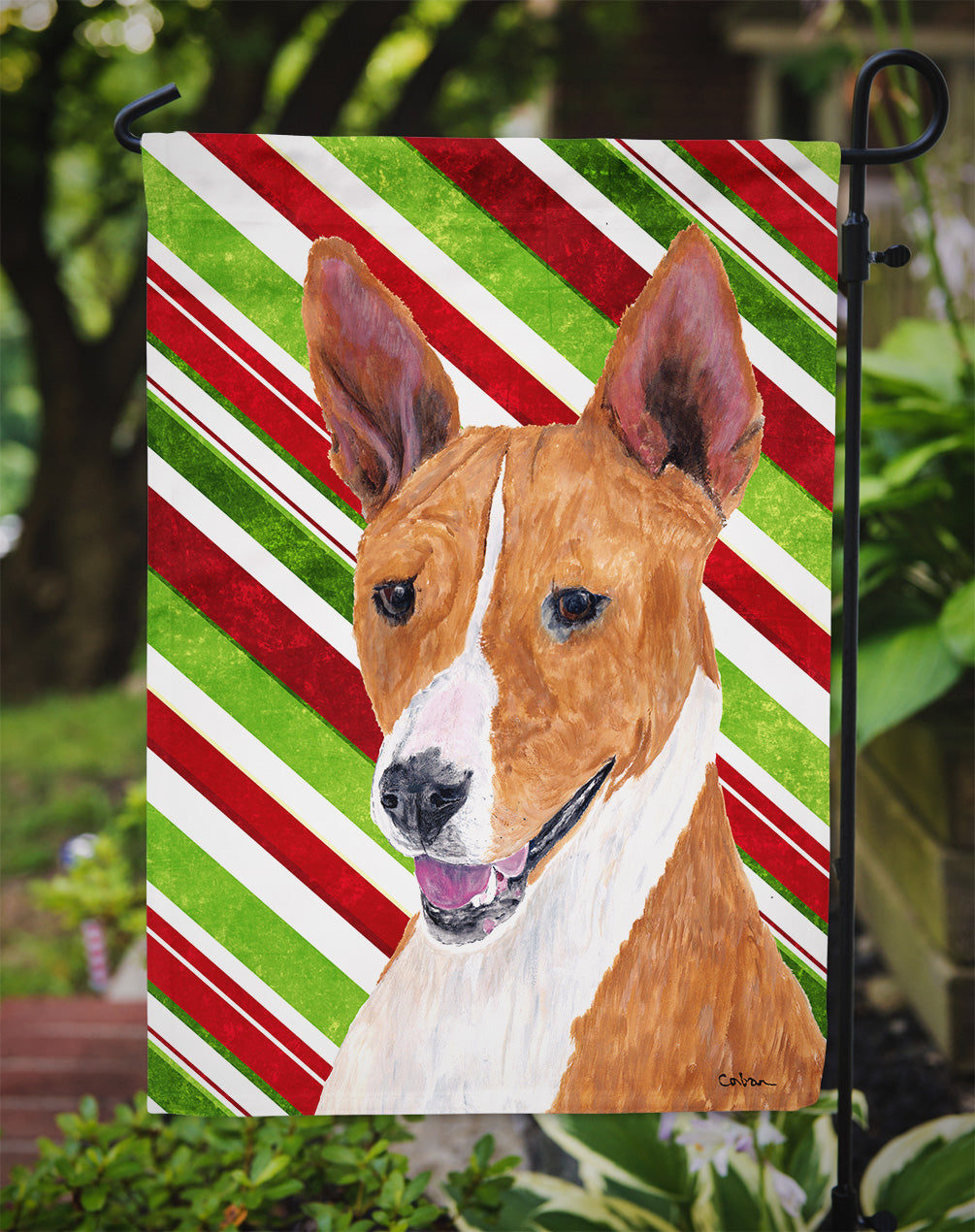 Basenji Candy Cane Holiday Christmas Garden Flag Mailbox Decorative Yard Banner Outside Patio Artwork for Flower Beds, Garden Size, Multicolor