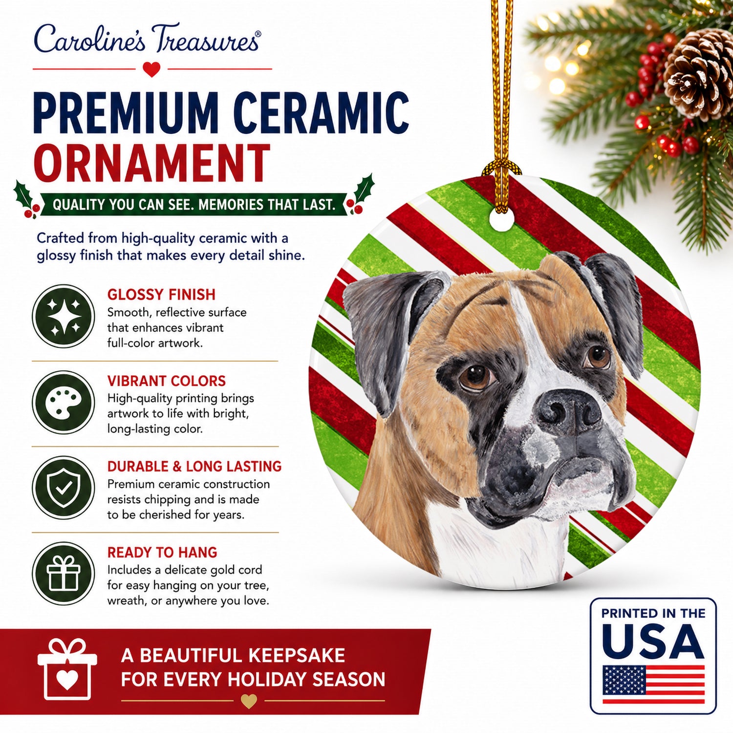 Boxer Candy Cane Holiday Christmas Ceramic Ornament Christmas Tree Hanging Decorations for Home Christmas Holiday, Party, Gift, 3 in, Multicolor