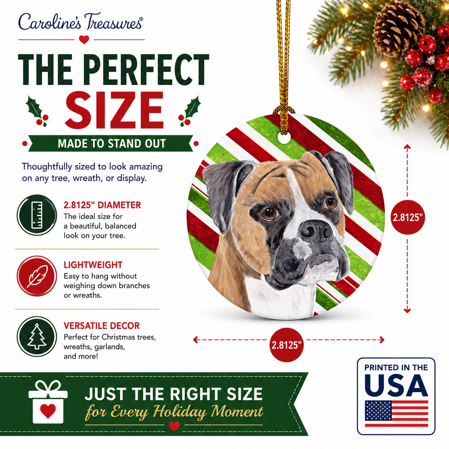 Boxer Candy Cane Holiday Christmas Ceramic Ornament Christmas Tree Hanging Decorations for Home Christmas Holiday, Party, Gift, 3 in, Multicolor