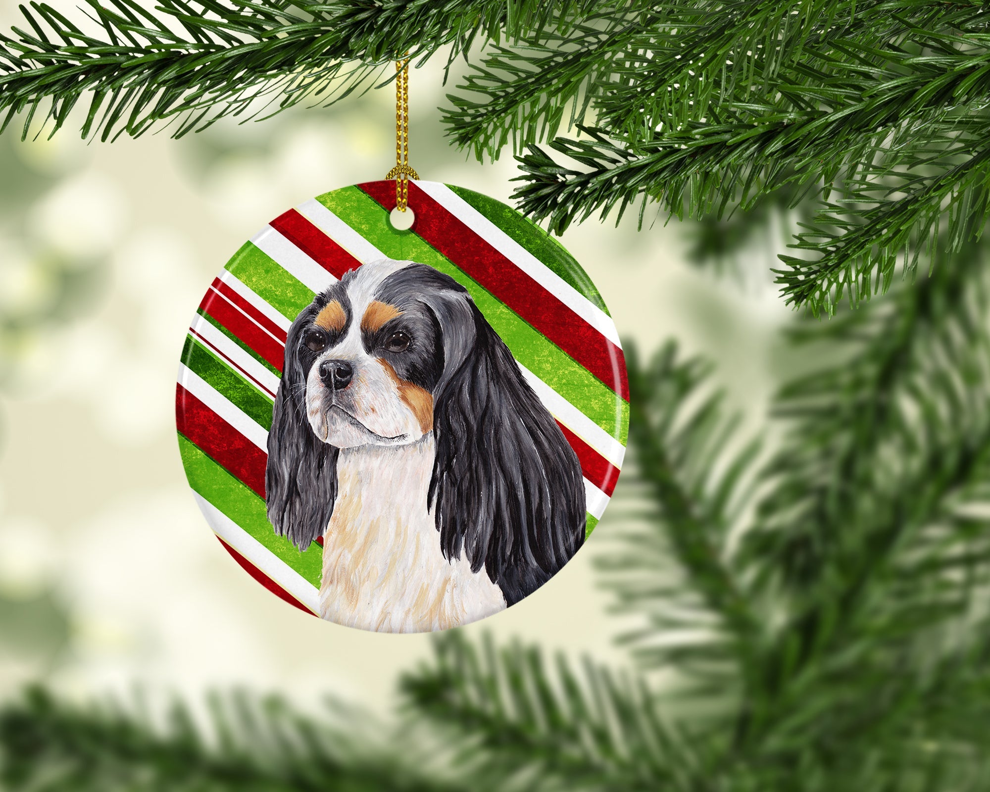 Cavalier Spaniel Candy Cane Holiday Christmas Ceramic Ornament Christmas Tree Hanging Decorations for Home Christmas Holiday, Party, Gift, 3 in, Multicolor