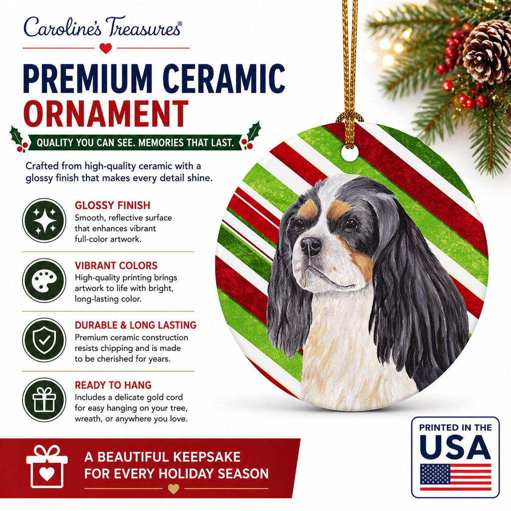 Cavalier Spaniel Candy Cane Holiday Christmas Ceramic Ornament Christmas Tree Hanging Decorations for Home Christmas Holiday, Party, Gift, 3 in, Multicolor