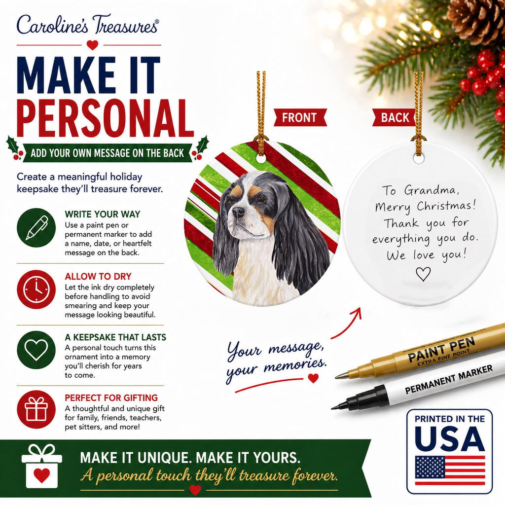 Cavalier Spaniel Candy Cane Holiday Christmas Ceramic Ornament Christmas Tree Hanging Decorations for Home Christmas Holiday, Party, Gift, 3 in, Multicolor