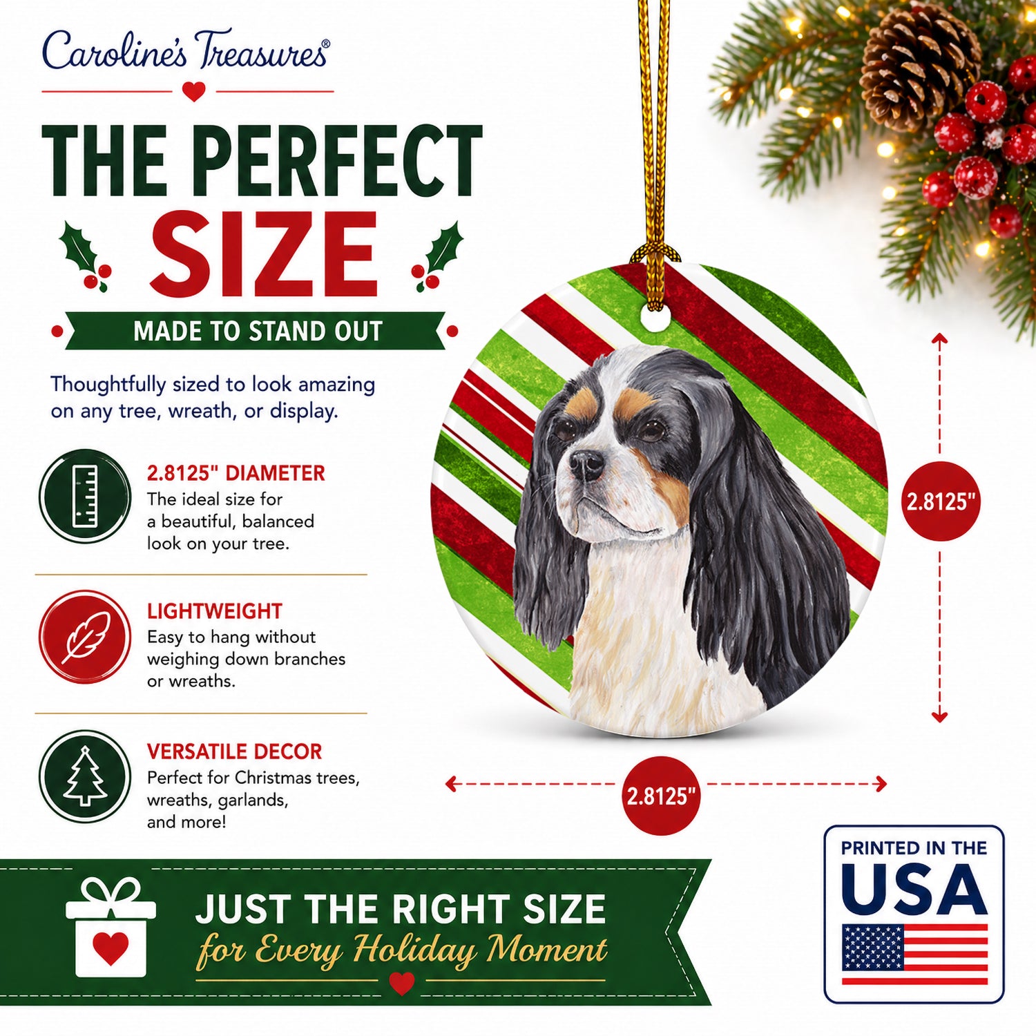Cavalier Spaniel Candy Cane Holiday Christmas Ceramic Ornament Christmas Tree Hanging Decorations for Home Christmas Holiday, Party, Gift, 3 in, Multicolor