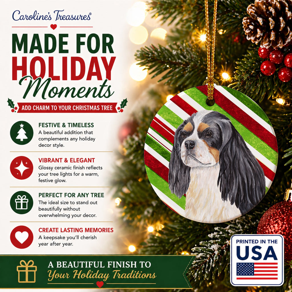 Cavalier Spaniel Candy Cane Holiday Christmas Ceramic Ornament Christmas Tree Hanging Decorations for Home Christmas Holiday, Party, Gift, 3 in, Multicolor