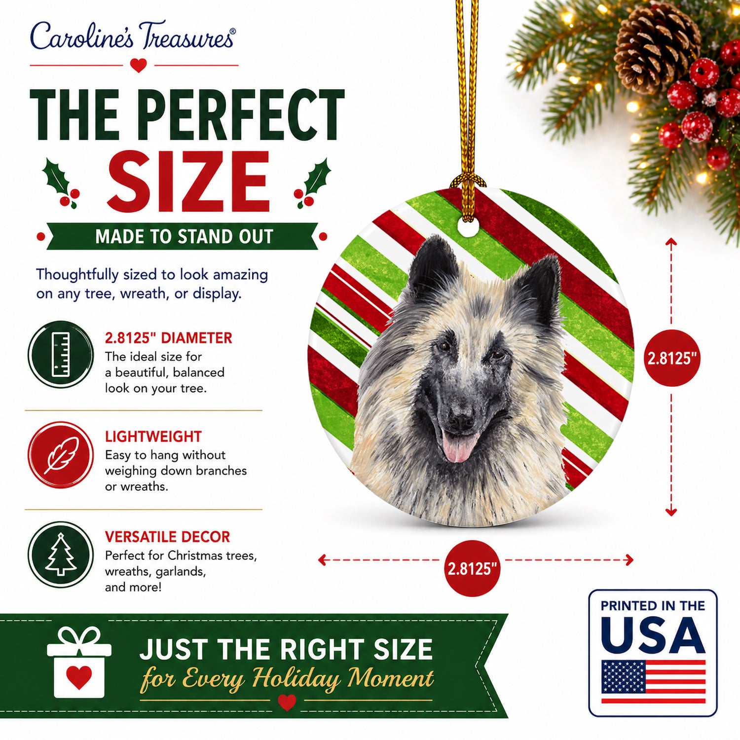 Belgian Tervuren Candy Cane Holiday Christmas Ceramic Ornament Christmas Tree Hanging Decorations for Home Christmas Holiday, Party, Gift, 3 in, Multicolor