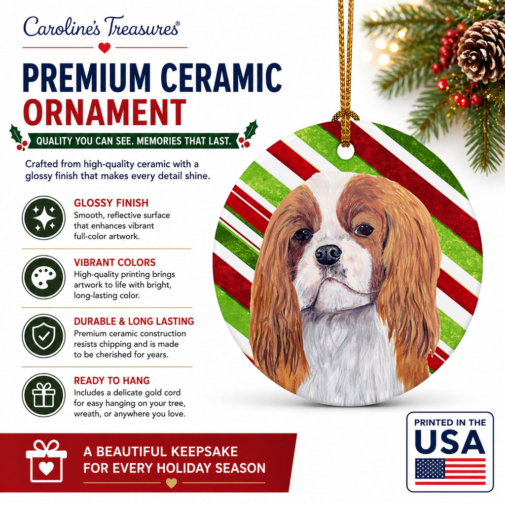 Cavalier Spaniel Candy Cane Holiday Christmas Ceramic Ornament Christmas Tree Hanging Decorations for Home Christmas Holiday, Party, Gift, 3 in, Multicolor