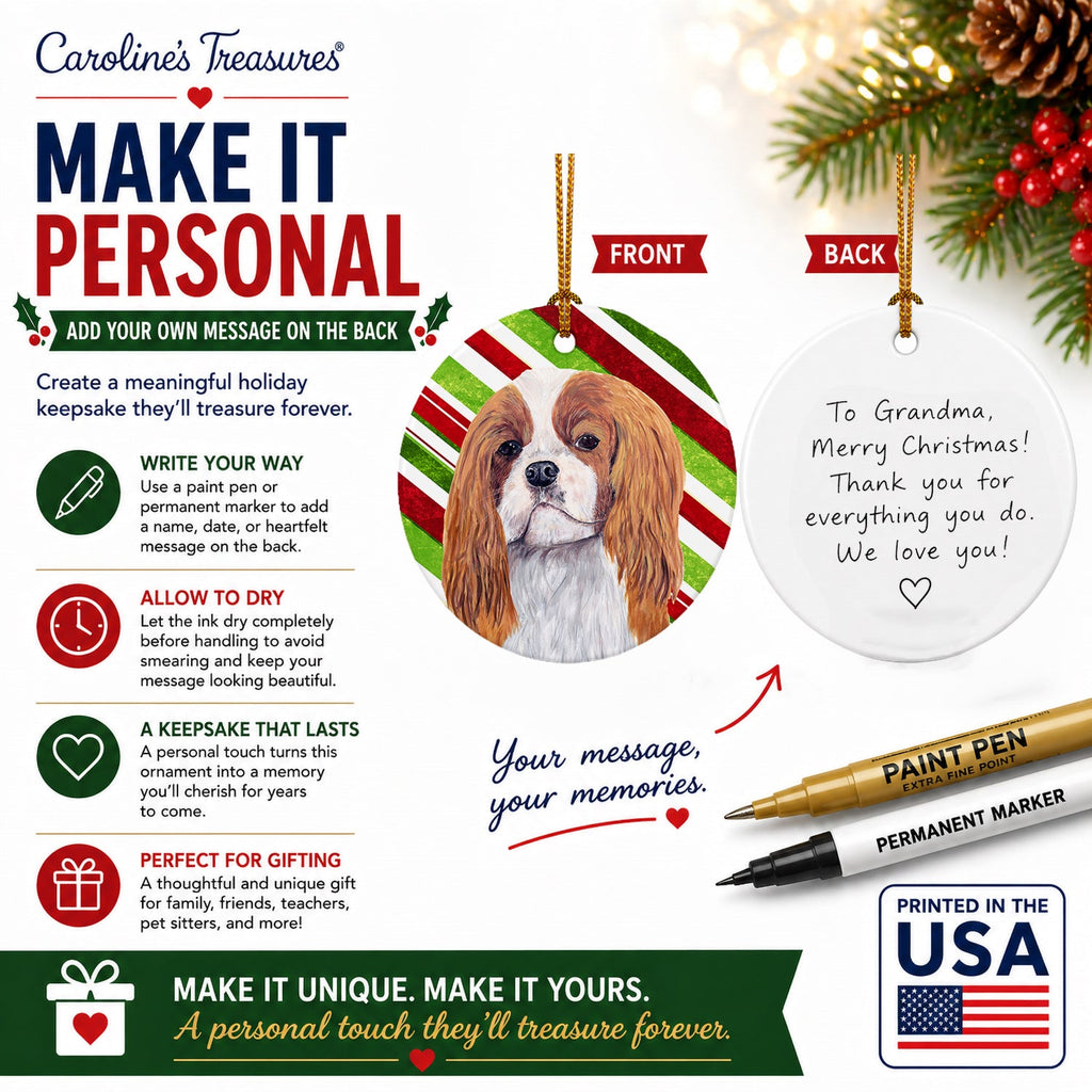 Cavalier Spaniel Candy Cane Holiday Christmas Ceramic Ornament Christmas Tree Hanging Decorations for Home Christmas Holiday, Party, Gift, 3 in, Multicolor