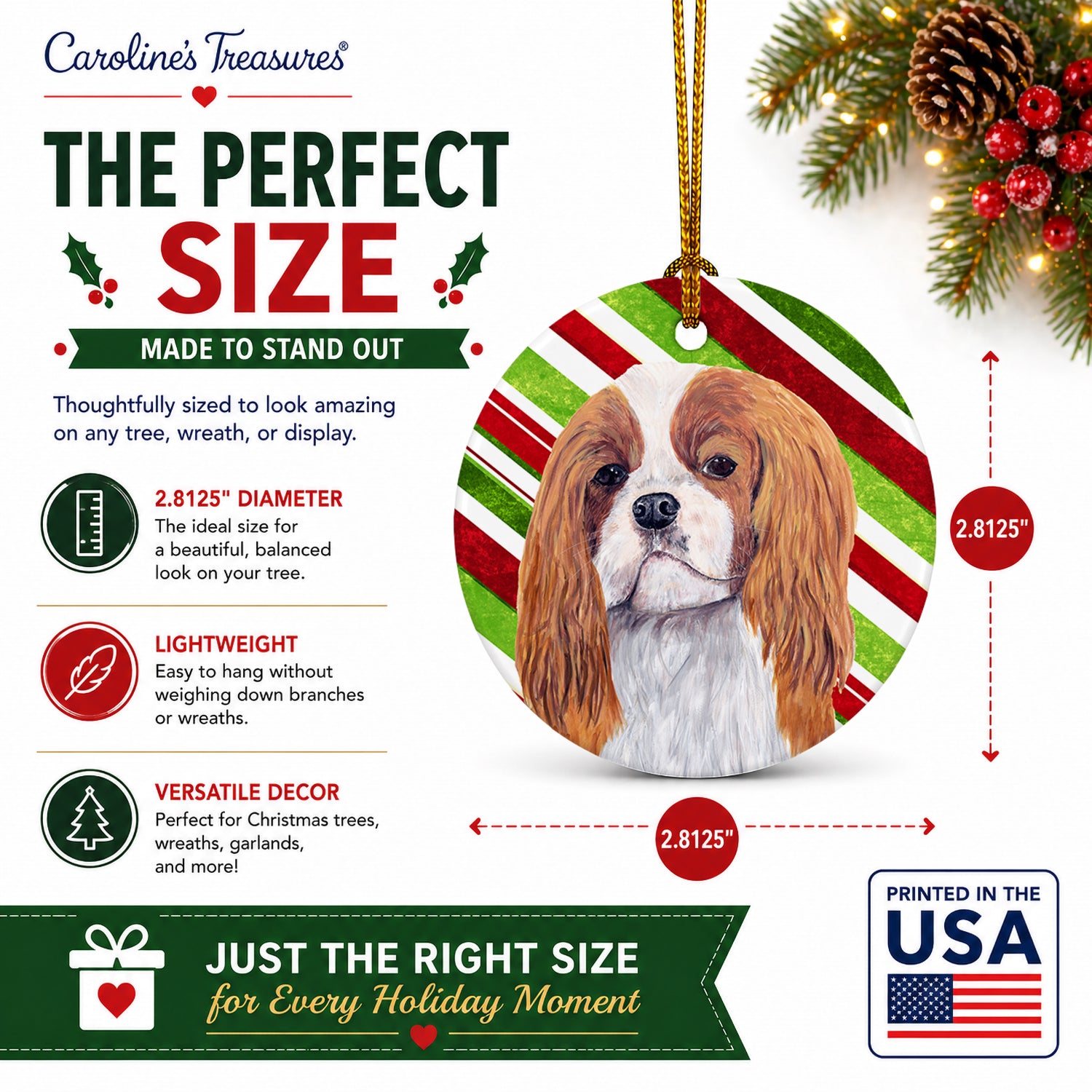 Cavalier Spaniel Candy Cane Holiday Christmas Ceramic Ornament Christmas Tree Hanging Decorations for Home Christmas Holiday, Party, Gift, 3 in, Multicolor