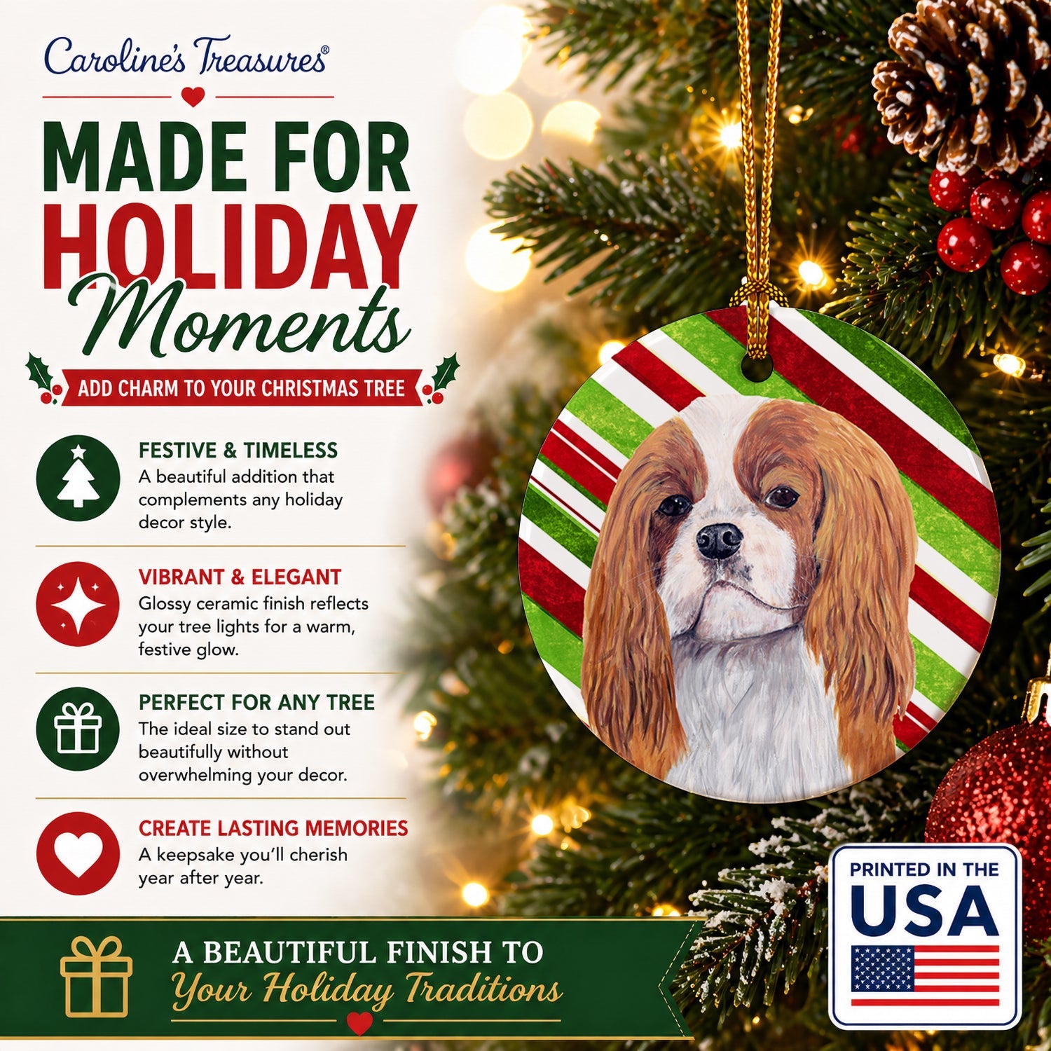 Cavalier Spaniel Candy Cane Holiday Christmas Ceramic Ornament Christmas Tree Hanging Decorations for Home Christmas Holiday, Party, Gift, 3 in, Multicolor