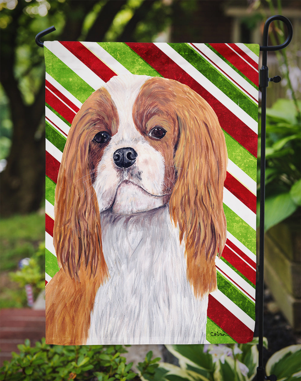 Cavalier Spaniel Candy Cane Holiday Christmas Garden Flag Mailbox Decorative Yard Banner Outside Patio Artwork for Flower Beds, Garden Size, Multicolor