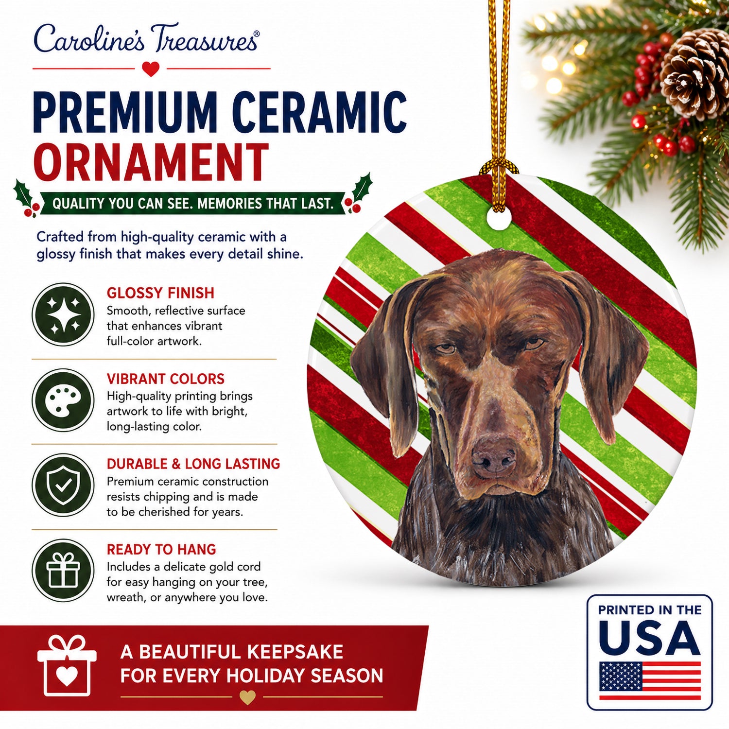 German Shorthaired Pointer Candy Cane Holiday Christmas Ceramic Ornament Christmas Tree Hanging Decorations for Home Christmas Holiday, Party, Gift, 3 in, Multicolor