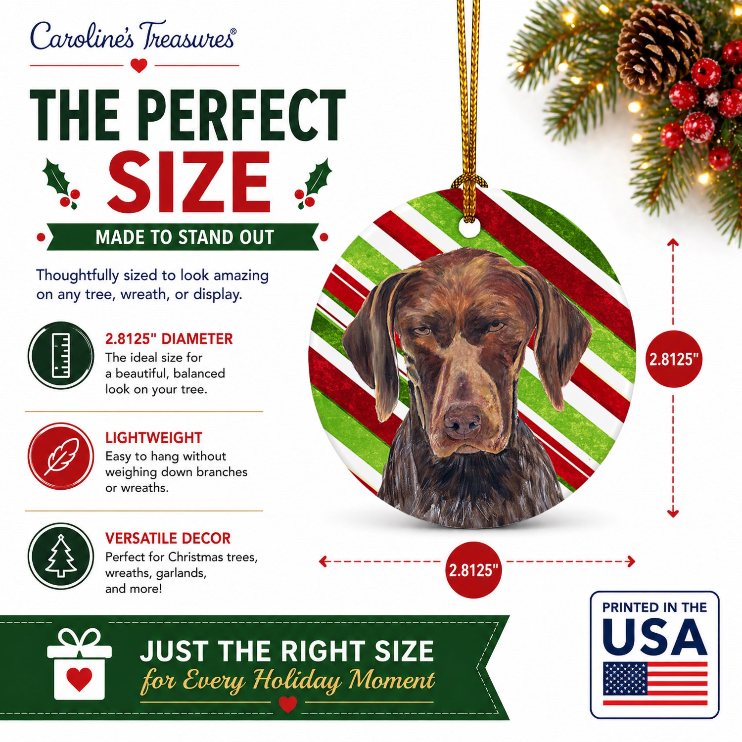 German Shorthaired Pointer Candy Cane Holiday Christmas Ceramic Ornament Christmas Tree Hanging Decorations for Home Christmas Holiday, Party, Gift, 3 in, Multicolor