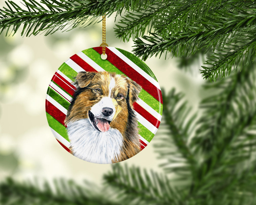 Australian Shepherd Candy Cane Holiday Christmas Ceramic Ornament Christmas Tree Hanging Decorations for Home Christmas Holiday, Party, Gift, 3 in, Multicolor