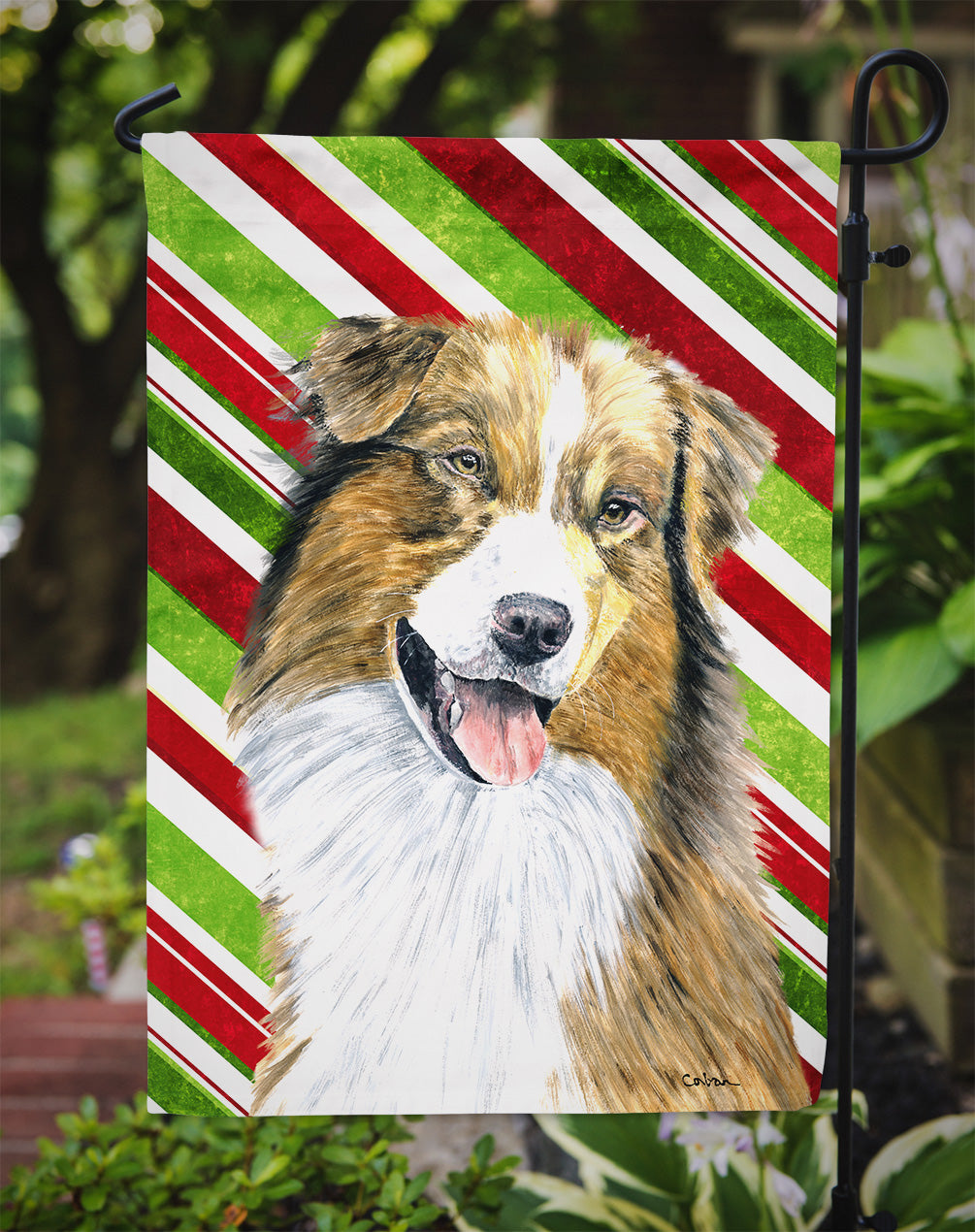 Australian Shepherd Candy Cane Holiday Christmas Garden Flag Mailbox Decorative Yard Banner Outside Patio Artwork for Flower Beds, Garden Size, Multicolor