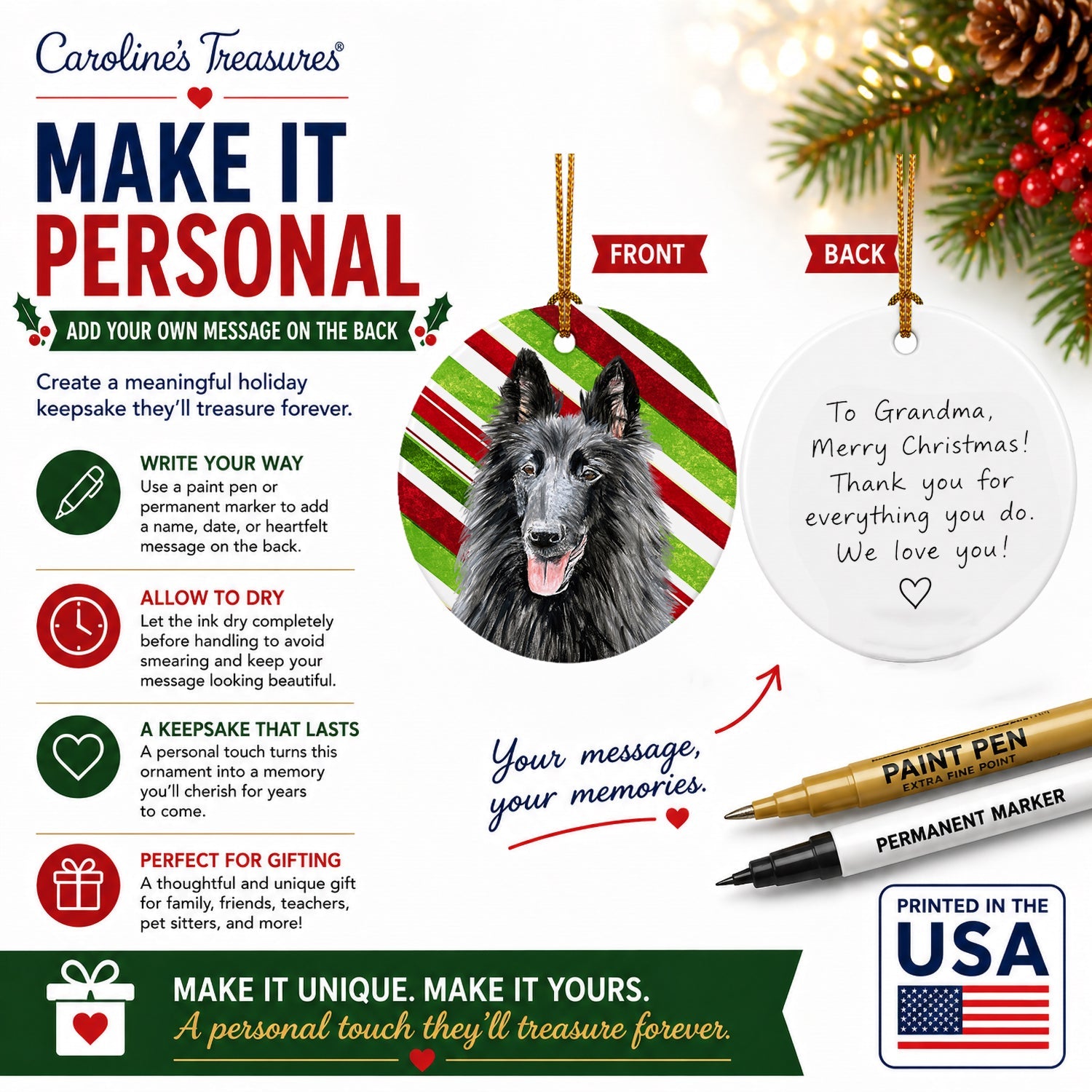 Belgian Sheepdog Candy Cane Holiday Christmas Ceramic Ornament Christmas Tree Hanging Decorations for Home Christmas Holiday, Party, Gift, 3 in, Multicolor