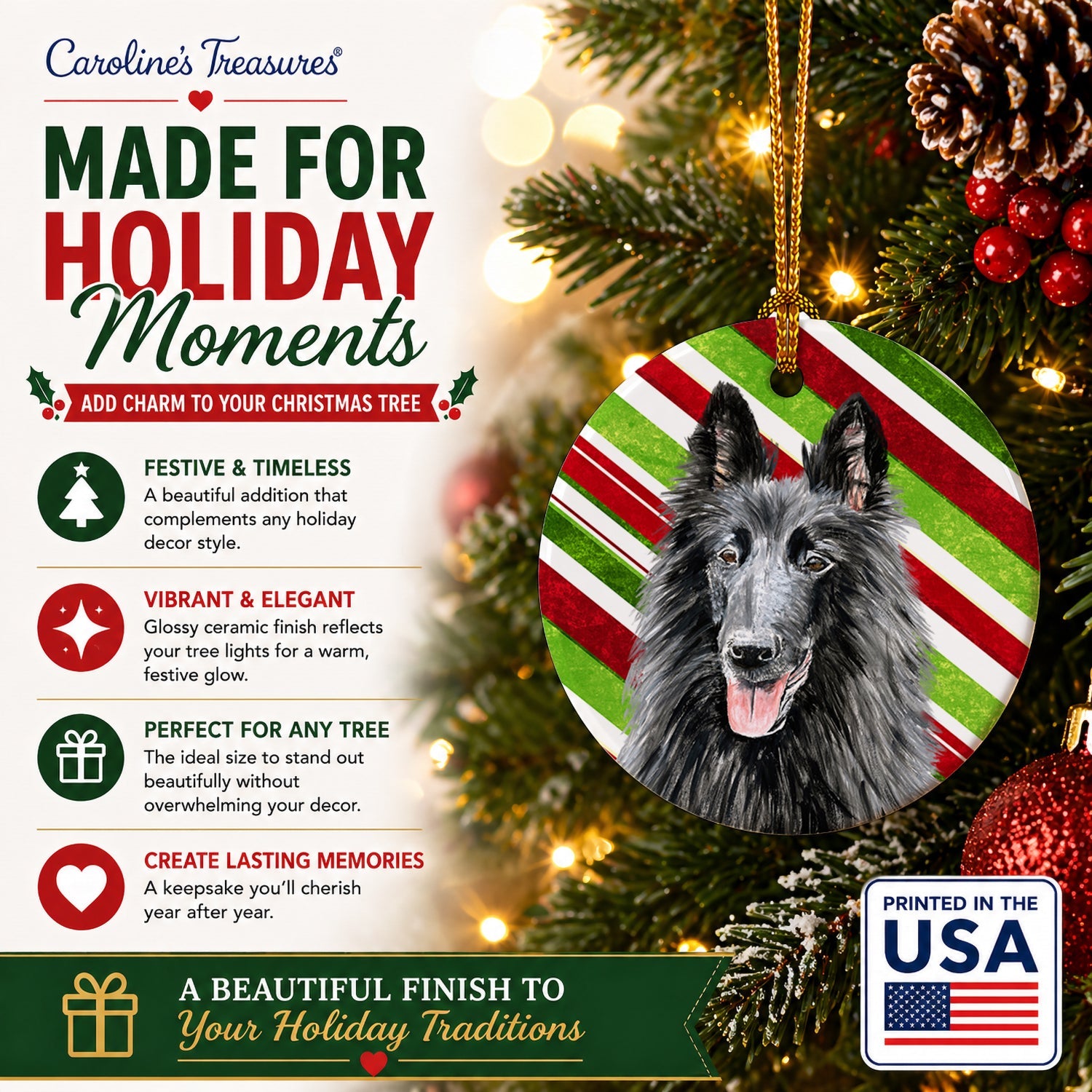 Belgian Sheepdog Candy Cane Holiday Christmas Ceramic Ornament Christmas Tree Hanging Decorations for Home Christmas Holiday, Party, Gift, 3 in, Multicolor