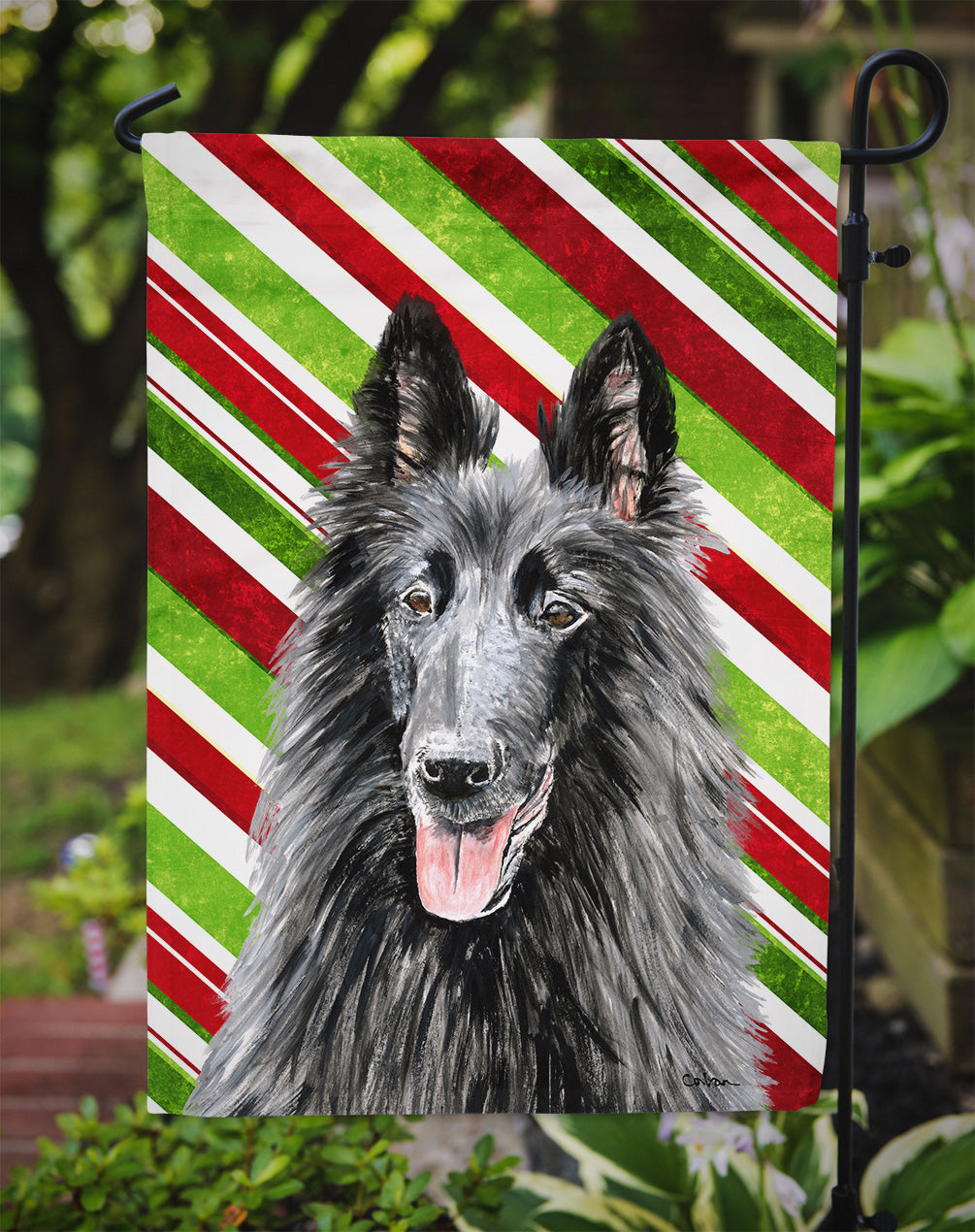 Belgian Sheepdog Candy Cane Holiday Christmas Garden Flag Mailbox Decorative Yard Banner Outside Patio Artwork for Flower Beds, Garden Size, Multicolor