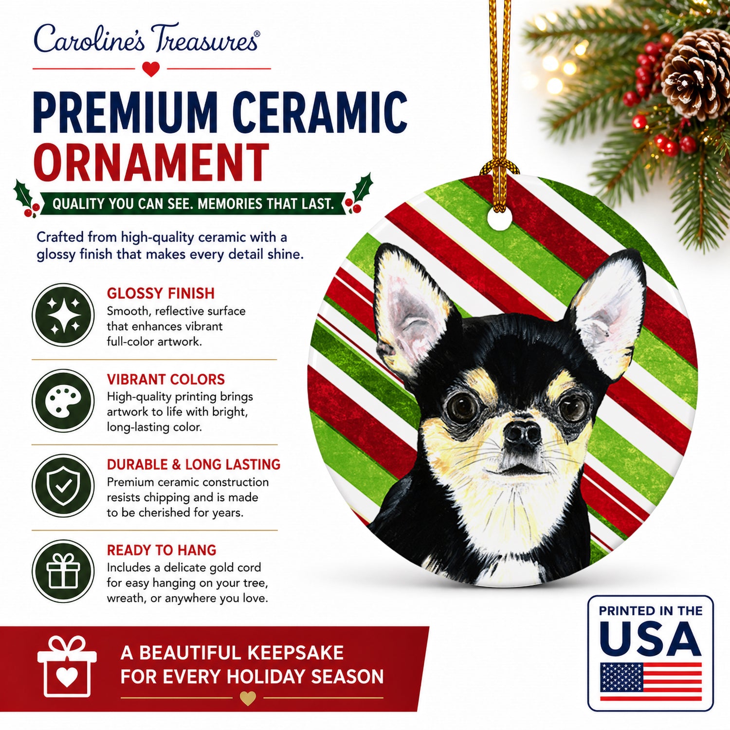 Chihuahua Candy Cane Holiday Christmas Ceramic Ornament Christmas Tree Hanging Decorations for Home Christmas Holiday, Party, Gift, 3 in, Multicolor