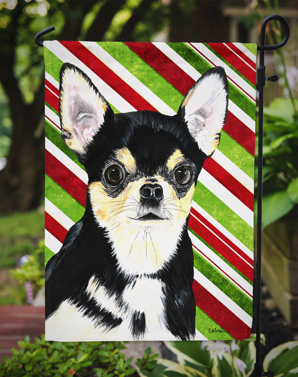 Chihuahua Candy Cane Holiday Christmas Garden Flag Mailbox Decorative Yard Banner Outside Patio Artwork for Flower Beds, Garden Size, Multicolor