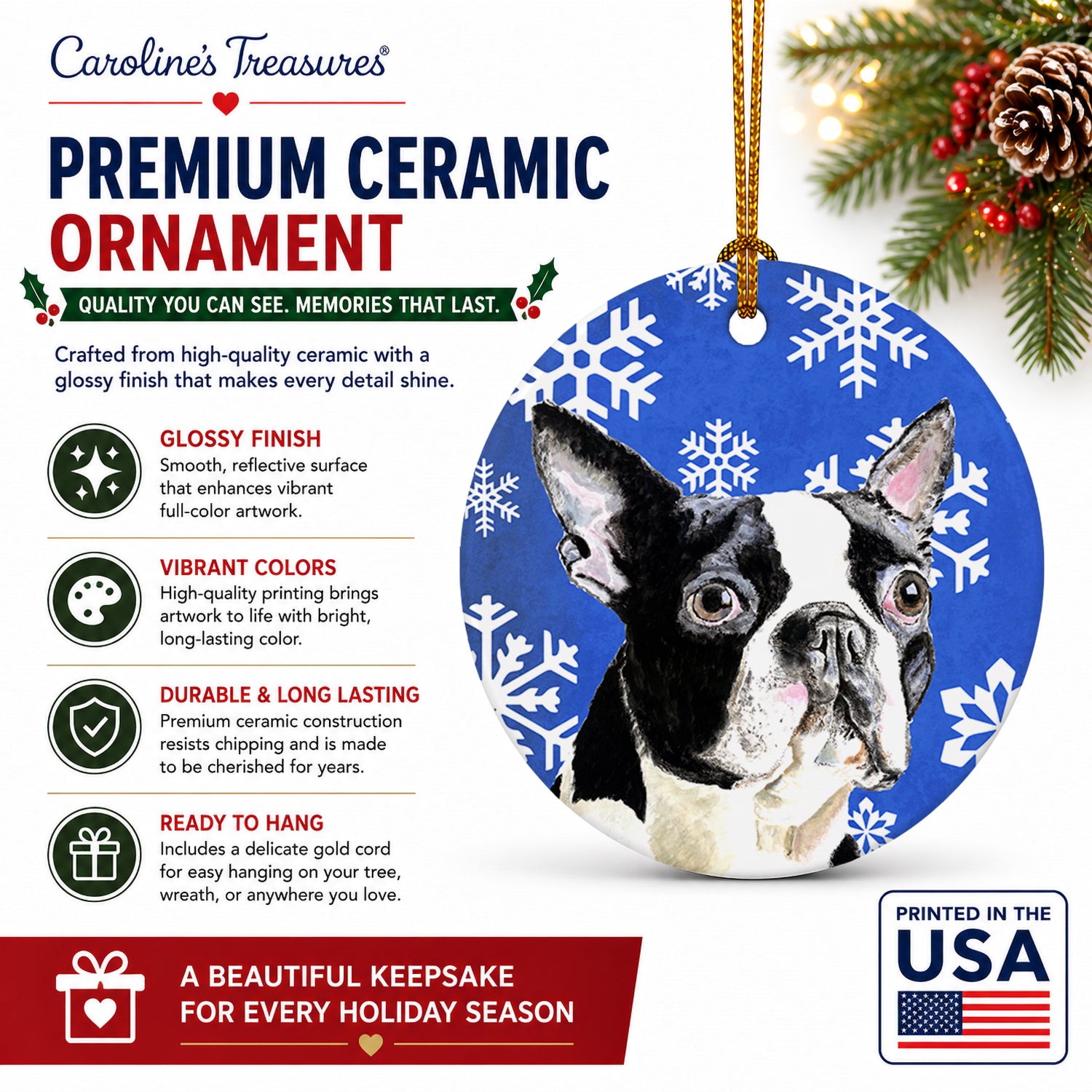 Boston Terrier Winter Snowflakes Holiday Ceramic Ornament Christmas Tree Hanging Decorations for Home Christmas Holiday, Party, Gift, 3 in, Multicolor