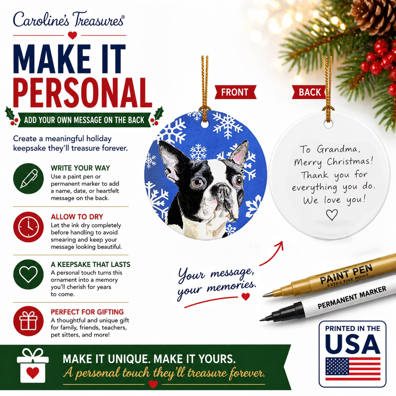 Boston Terrier Winter Snowflakes Holiday Ceramic Ornament Christmas Tree Hanging Decorations for Home Christmas Holiday, Party, Gift, 3 in, Multicolor
