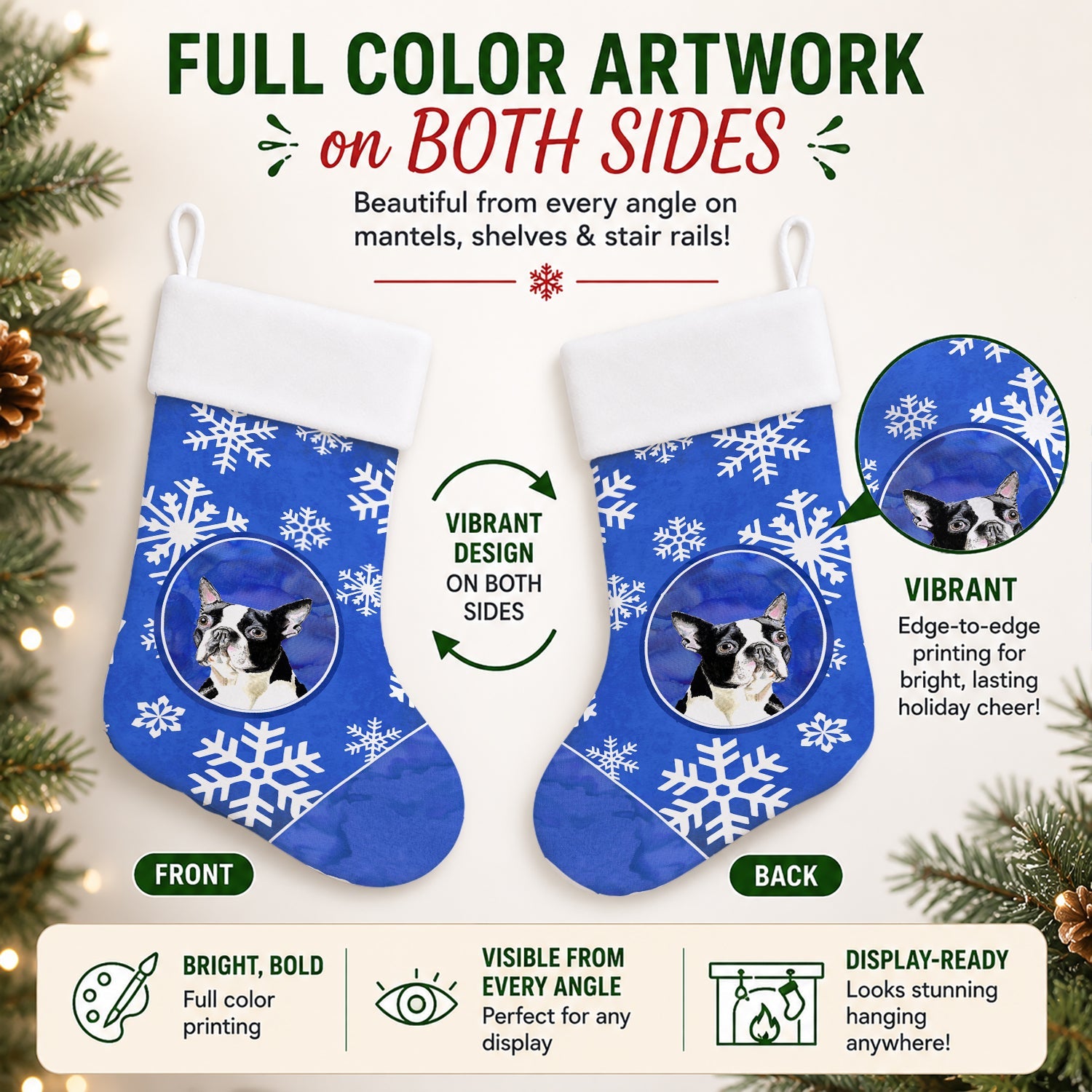 Boston Terrier Winter Snowflakes Holiday Holiday Stocking Double-Sided Print, Polyester Suede,11x18, Made in USA