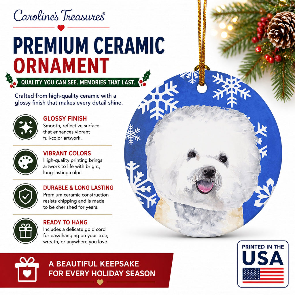 Bichon Frise Winter Snowflakes Holiday Ceramic Ornament Christmas Tree Hanging Decorations for Home Christmas Holiday, Party, Gift, 3 in, Multicolor