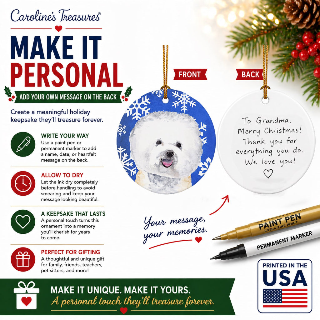 Bichon Frise Winter Snowflakes Holiday Ceramic Ornament Christmas Tree Hanging Decorations for Home Christmas Holiday, Party, Gift, 3 in, Multicolor