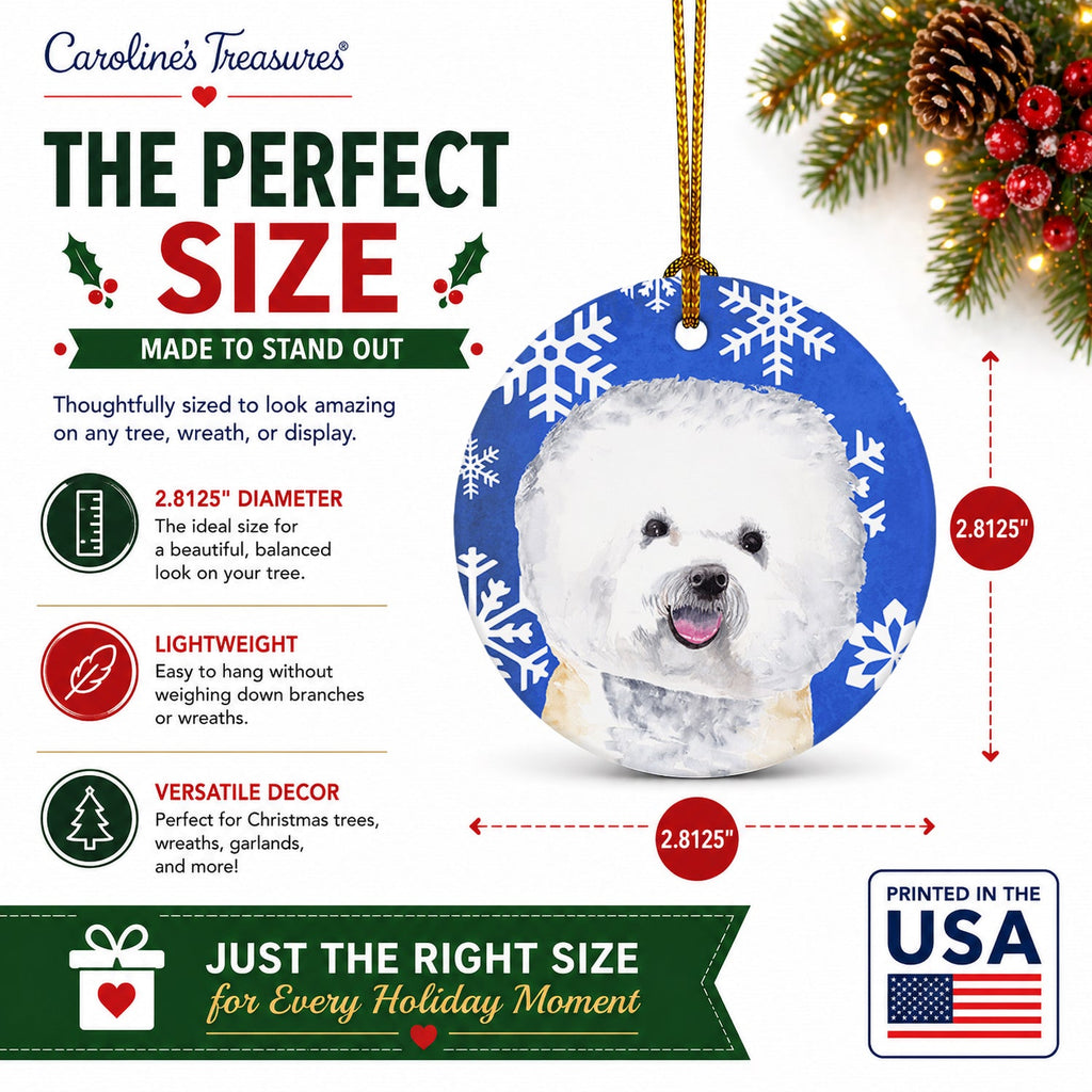 Bichon Frise Winter Snowflakes Holiday Ceramic Ornament Christmas Tree Hanging Decorations for Home Christmas Holiday, Party, Gift, 3 in, Multicolor