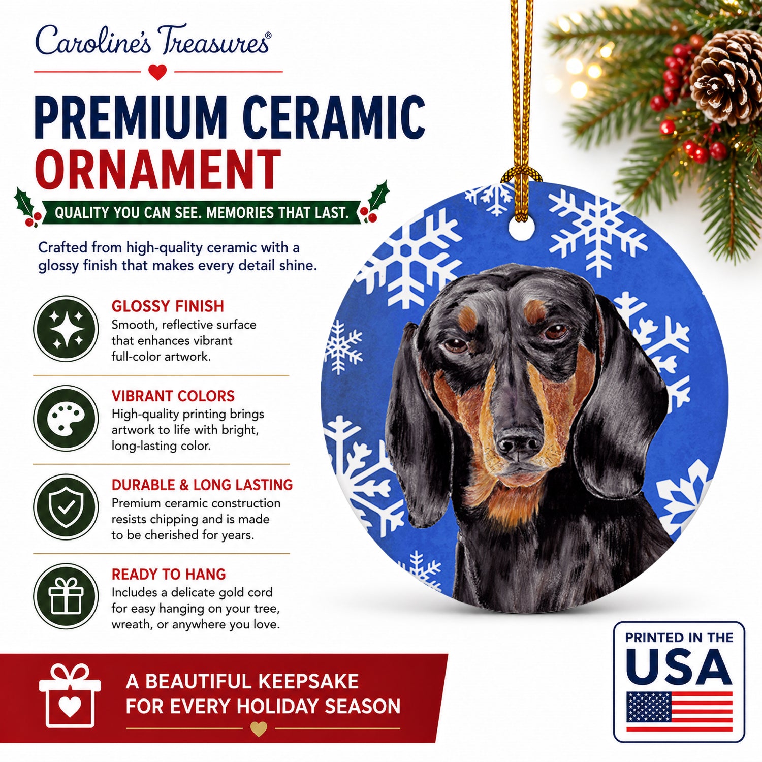 Dachshund Winter Snowflakes Holiday Ceramic Ornament Christmas Tree Hanging Decorations for Home Christmas Holiday, Party, Gift, 3 in, Multicolor