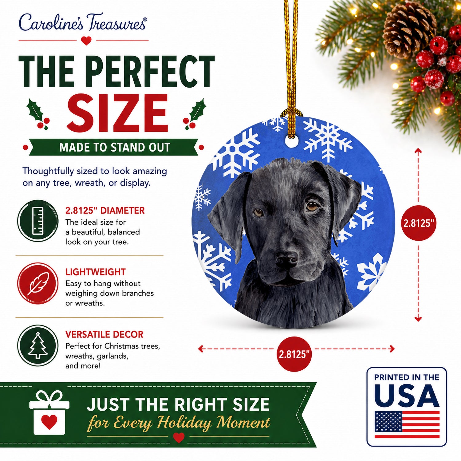 Labrador Winter Snowflakes Holiday Ceramic Ornament Christmas Tree Hanging Decorations for Home Christmas Holiday, Party, Gift, 3 in, Multicolor