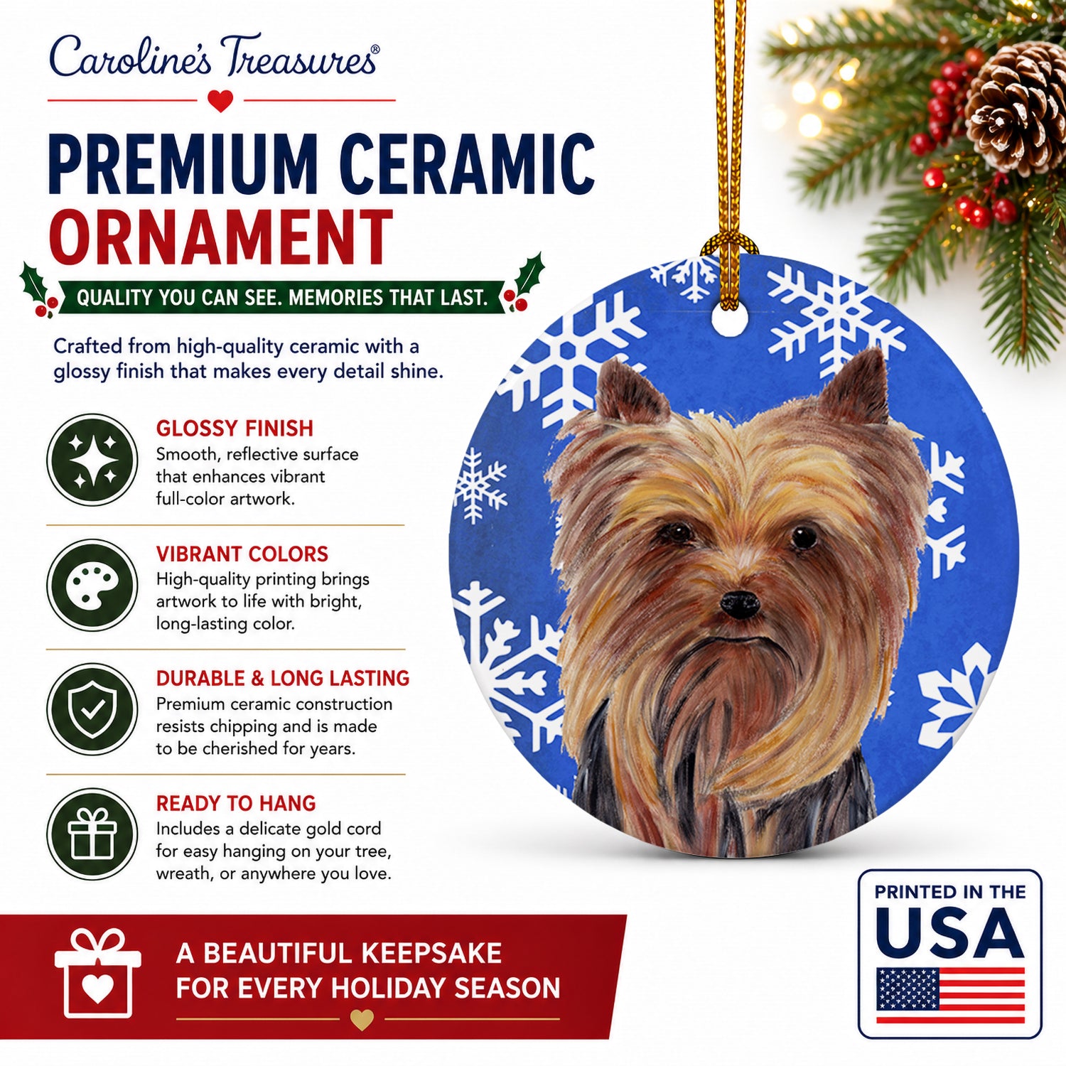 Yorkie Winter Snowflakes Holiday Ceramic Ornament Christmas Tree Hanging Decorations for Home Christmas Holiday, Party, Gift, 3 in, Multicolor