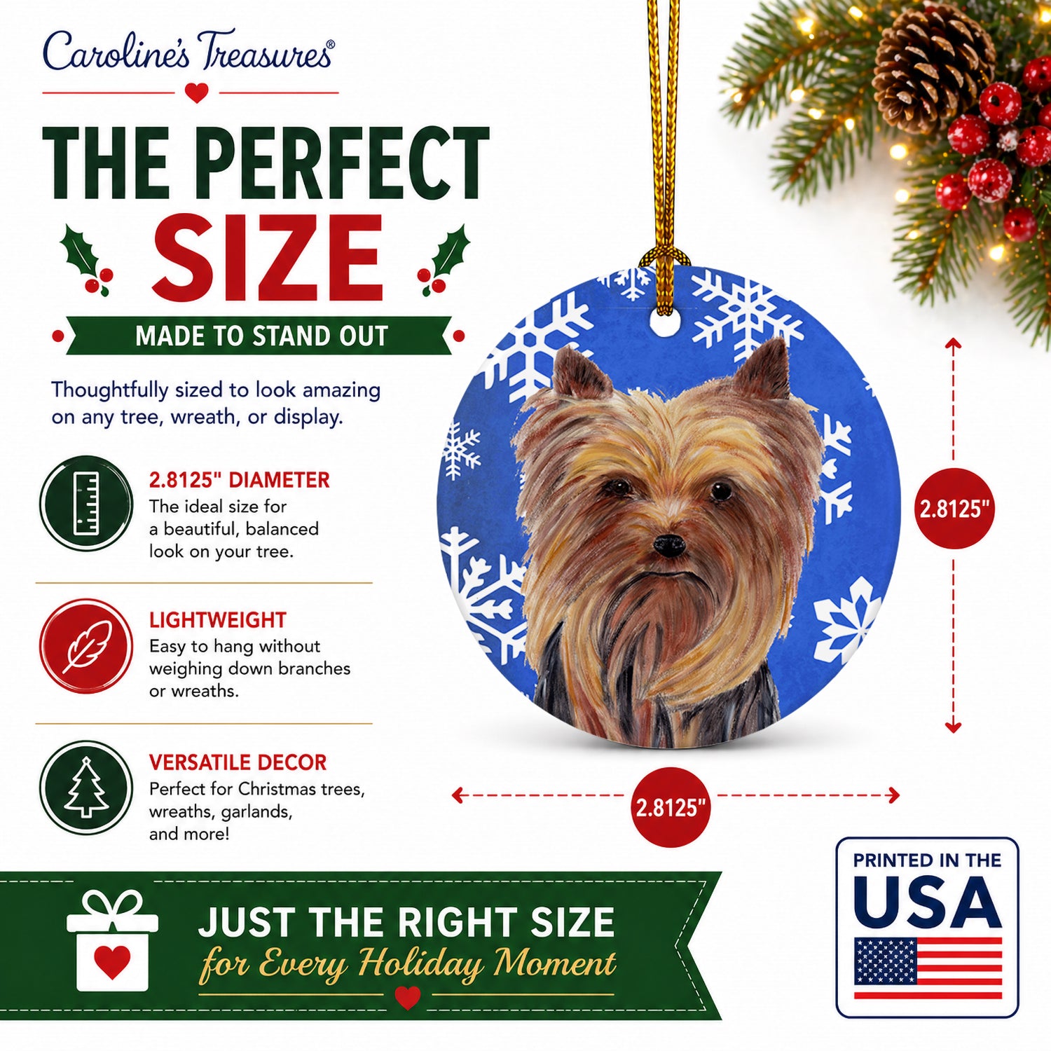 Yorkie Winter Snowflakes Holiday Ceramic Ornament Christmas Tree Hanging Decorations for Home Christmas Holiday, Party, Gift, 3 in, Multicolor