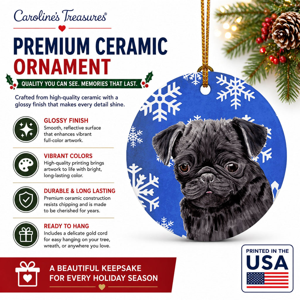 Pug Winter Snowflakes Holiday Ceramic Ornament Christmas Tree Hanging Decorations for Home Christmas Holiday, Party, Gift, 3 in, Multicolor