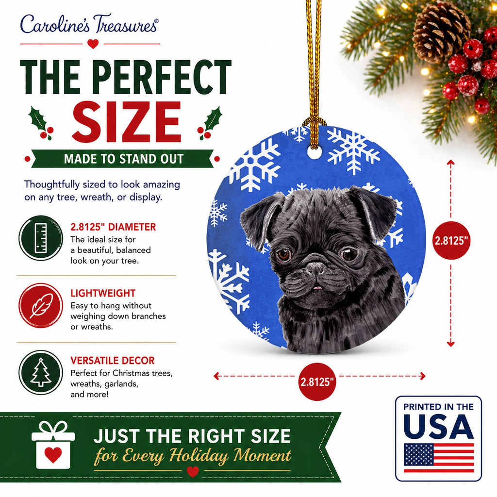 Pug Winter Snowflakes Holiday Ceramic Ornament Christmas Tree Hanging Decorations for Home Christmas Holiday, Party, Gift, 3 in, Multicolor