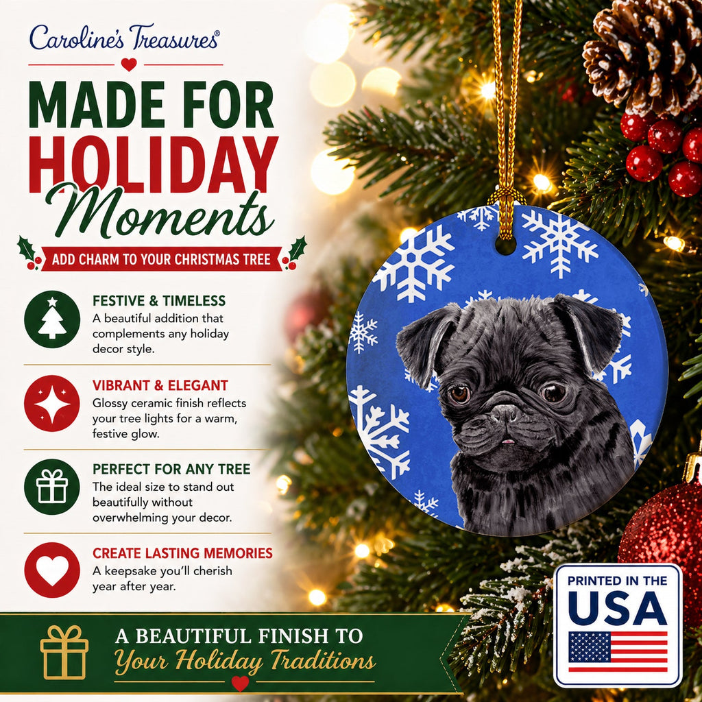 Pug Winter Snowflakes Holiday Ceramic Ornament Christmas Tree Hanging Decorations for Home Christmas Holiday, Party, Gift, 3 in, Multicolor