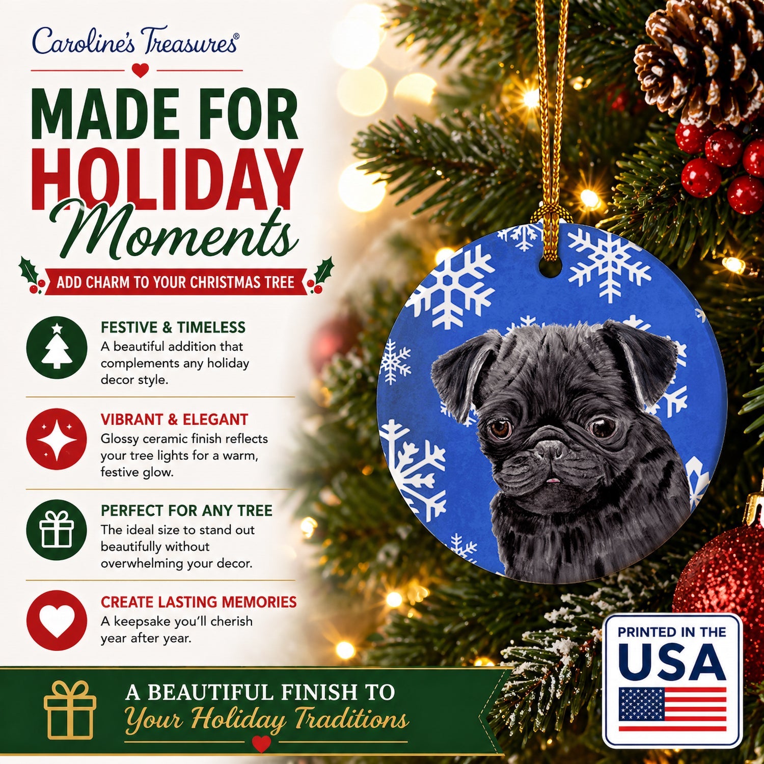 Pug Winter Snowflakes Holiday Ceramic Ornament Christmas Tree Hanging Decorations for Home Christmas Holiday, Party, Gift, 3 in, Multicolor