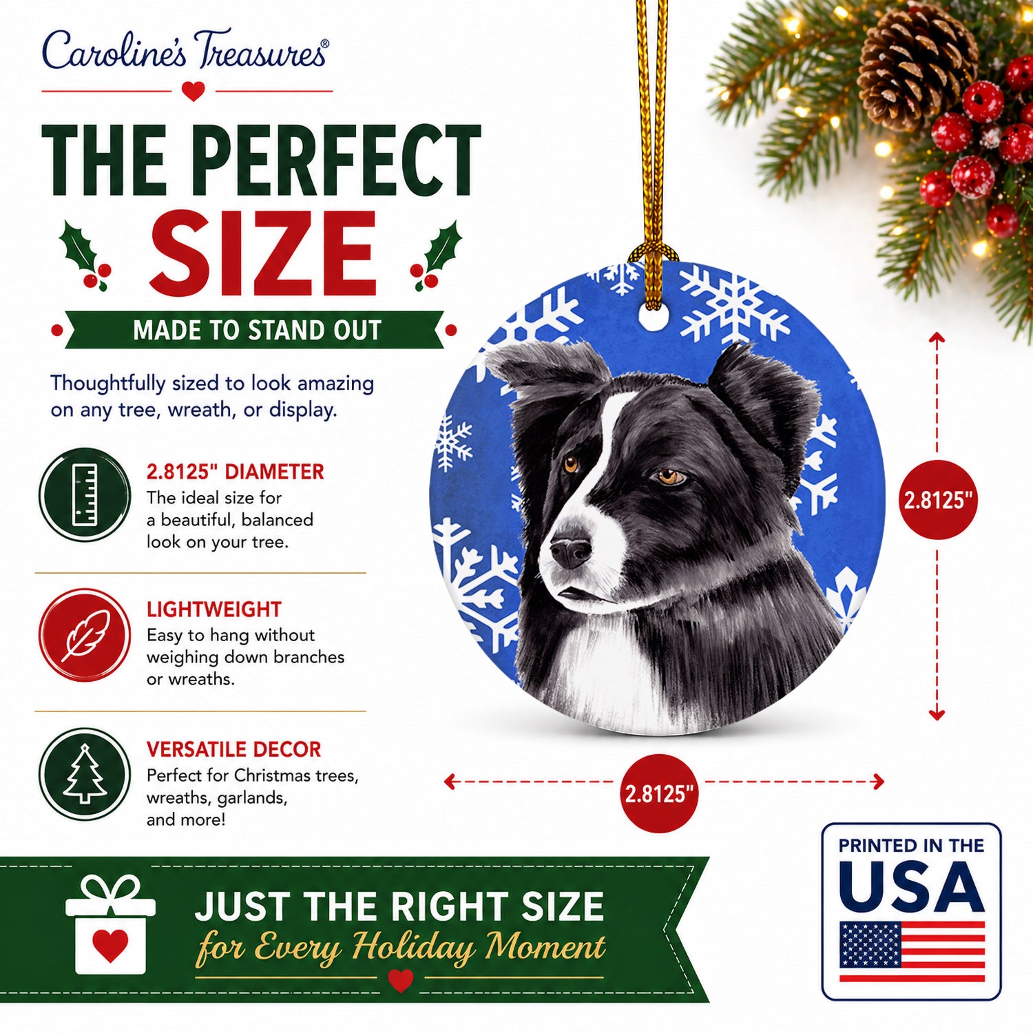 Border Collie Winter Snowflakes Holiday Ceramic Ornament Christmas Tree Hanging Decorations for Home Christmas Holiday, Party, Gift, 3 in, Multicolor
