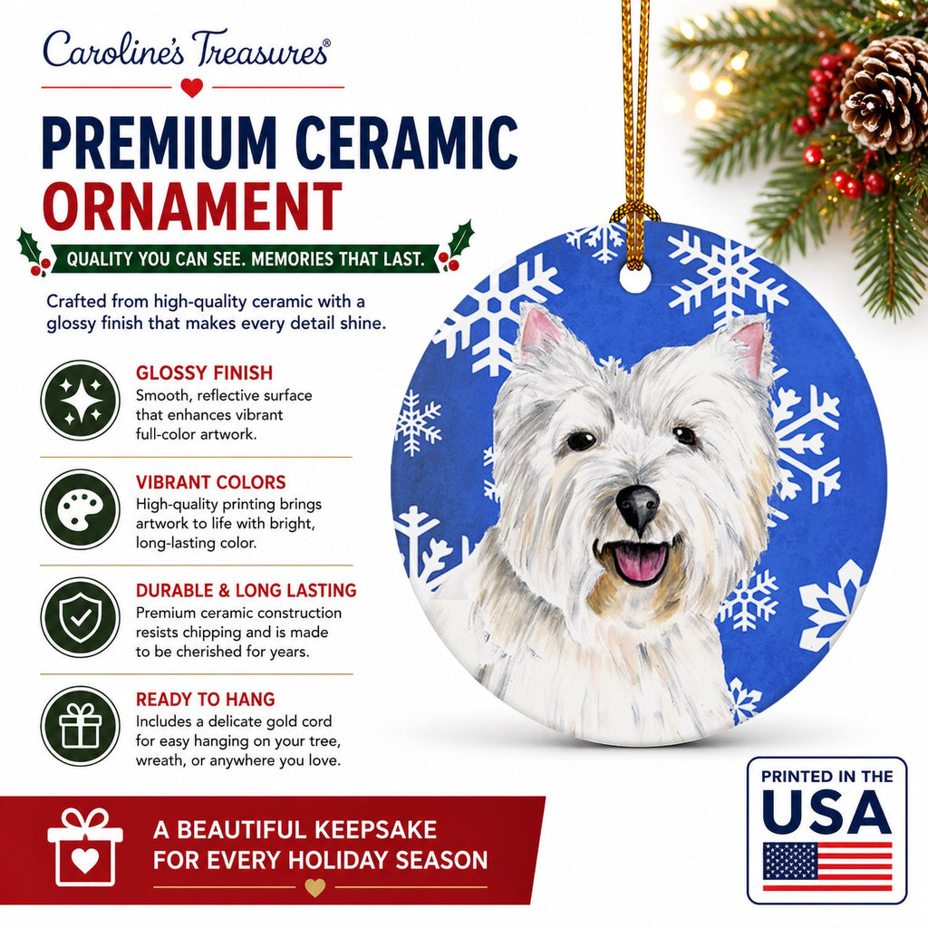 Westie Winter Snowflakes Holiday Ceramic Ornament Christmas Tree Hanging Decorations for Home Christmas Holiday, Party, Gift, 3 in, Multicolor