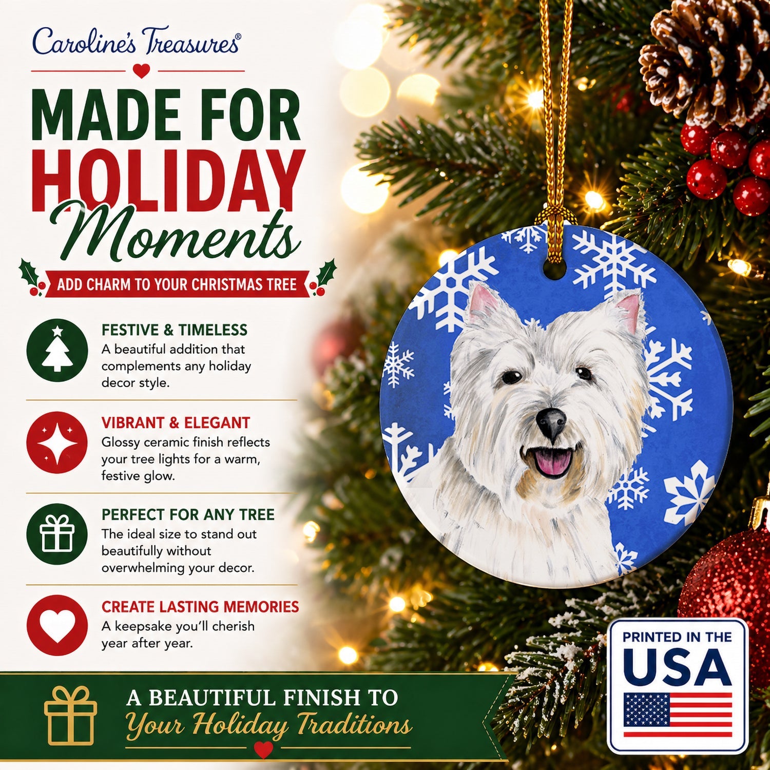 Westie Winter Snowflakes Holiday Ceramic Ornament Christmas Tree Hanging Decorations for Home Christmas Holiday, Party, Gift, 3 in, Multicolor