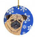 Pug Winter Snowflakes Holiday Ceramic Ornament Christmas Tree Hanging Decorations for Home Christmas Holiday, Party, Gift, 3 in, Multicolor