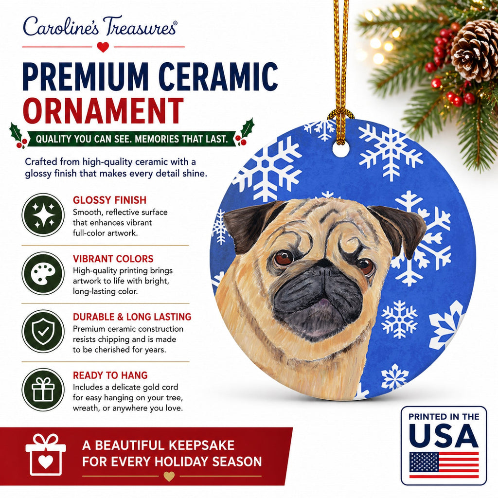 Pug Winter Snowflakes Holiday Ceramic Ornament Christmas Tree Hanging Decorations for Home Christmas Holiday, Party, Gift, 3 in, Multicolor