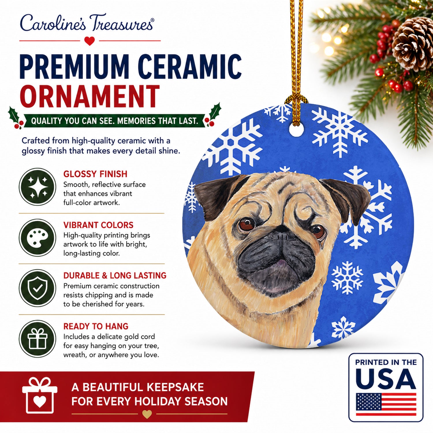 Pug Winter Snowflakes Holiday Ceramic Ornament Christmas Tree Hanging Decorations for Home Christmas Holiday, Party, Gift, 3 in, Multicolor